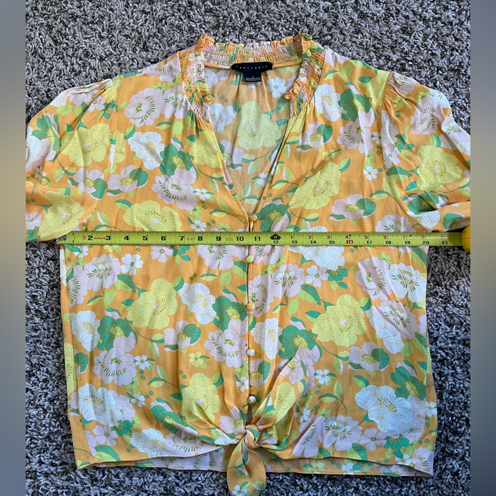 Sanctuary Yellow Floral Smocked V-Neck Button Front Tie Hem Blouse Small - Picture 4 of 7